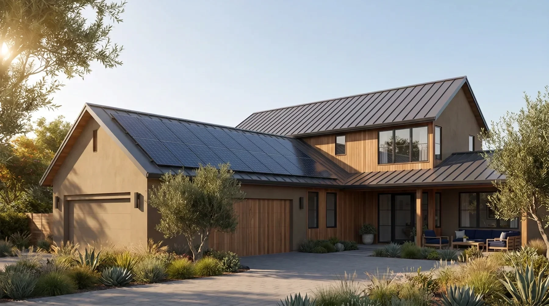 The same modern home with a roof-mounted solar array