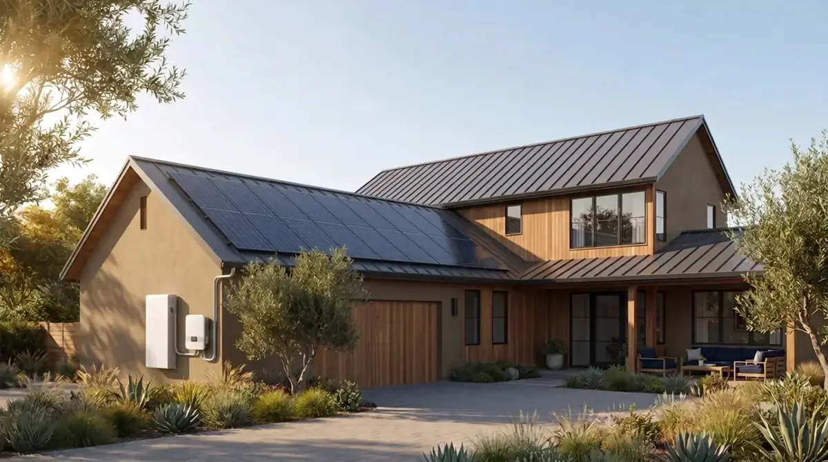 The same solar home with a wall-mounted whole-home battery and inverter