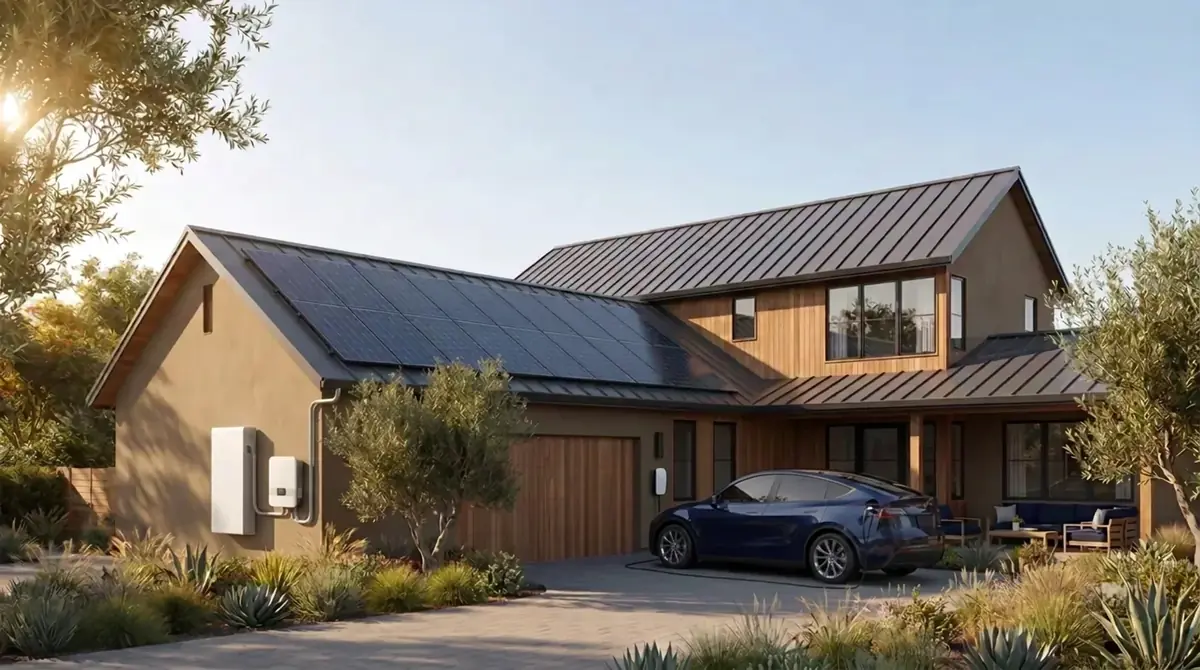 The completed solar and battery home with an electric vehicle connected to a wall charger